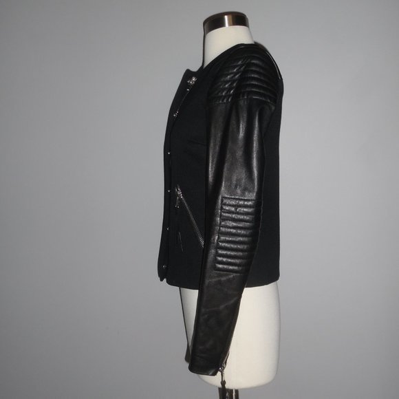 REBECCA TAYLOR Moto Biker Leather Quilted Twill Quilt Oversized Jacket 2‎ XS - Picture 5 of 14